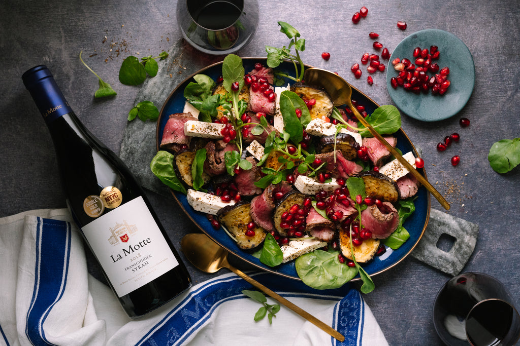 All-Round Opulence: Grilled Steak & Aubergine Salad with Za’atar, Olives, Feta & Pomegranate