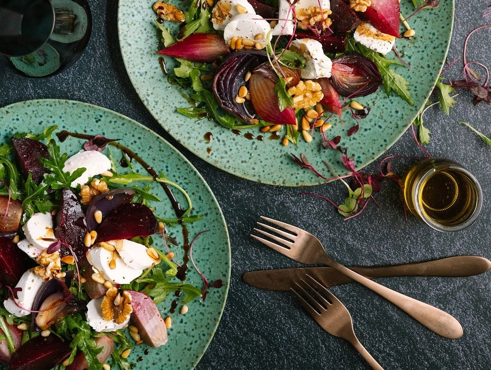 Serious Salad: Roasted Beetroot & Caramelised Onion Salad with Goats Cheese, Pine Nuts & Wild Rocket