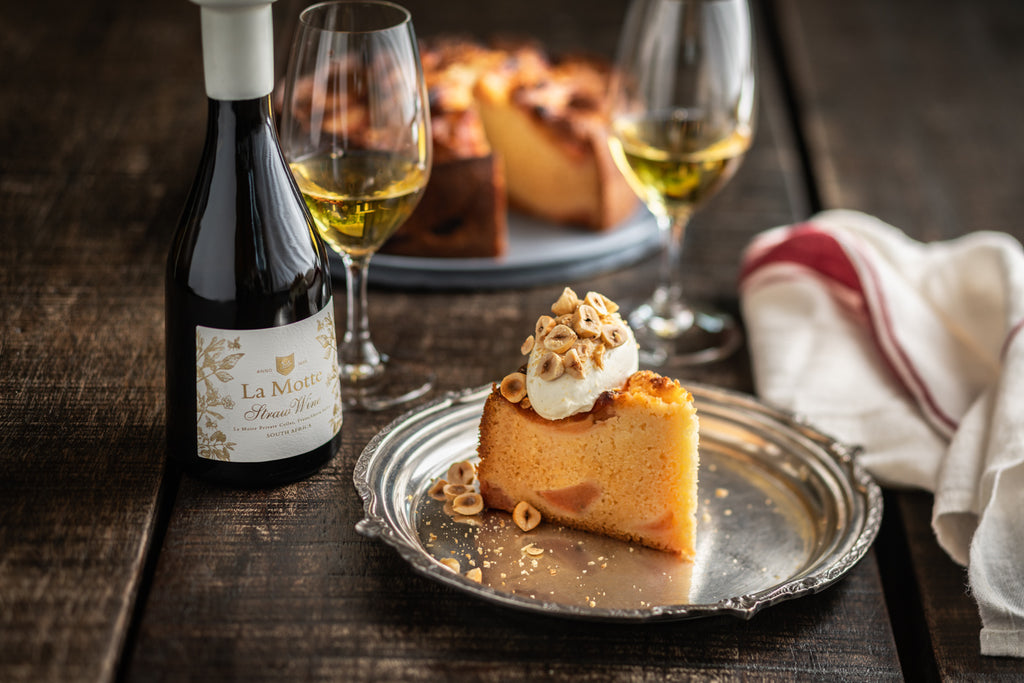 Poached Quince and Honey Cake with Vanilla Crème Fraîche and Hazelnuts