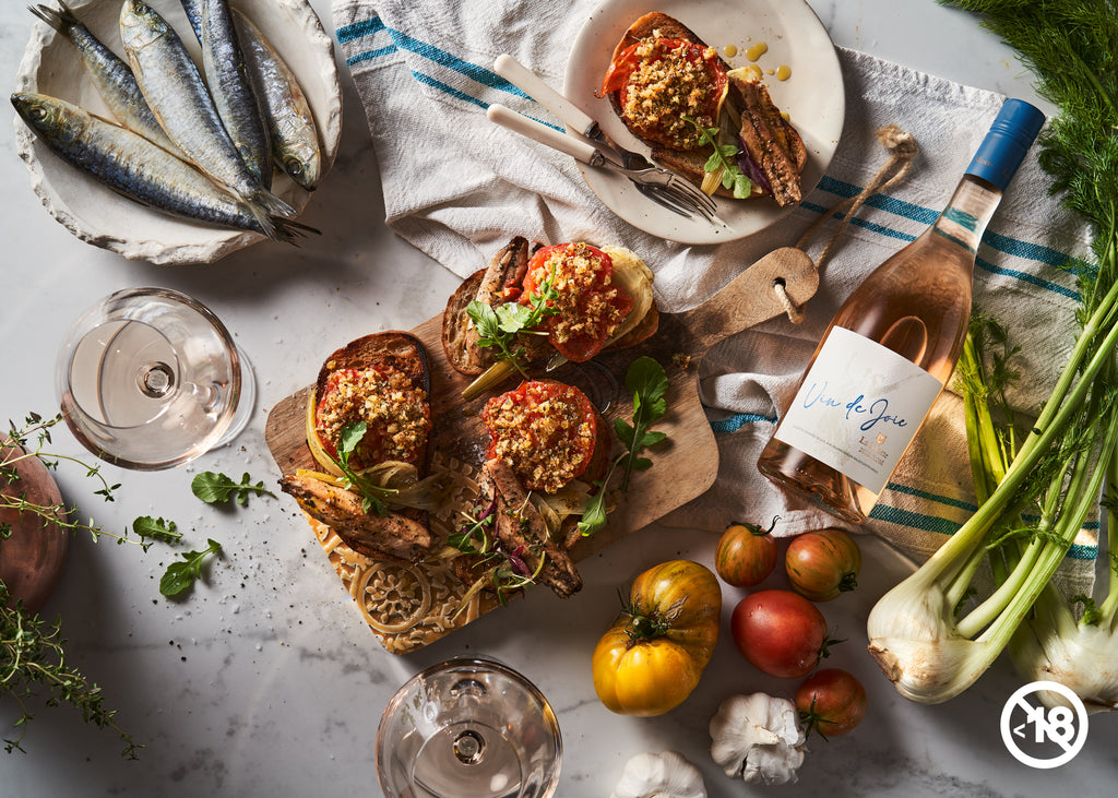 Sardine and Fennel Bruschetta with Slow Roasted Tomatoes, Garden Greens and Herbes de Provence crust