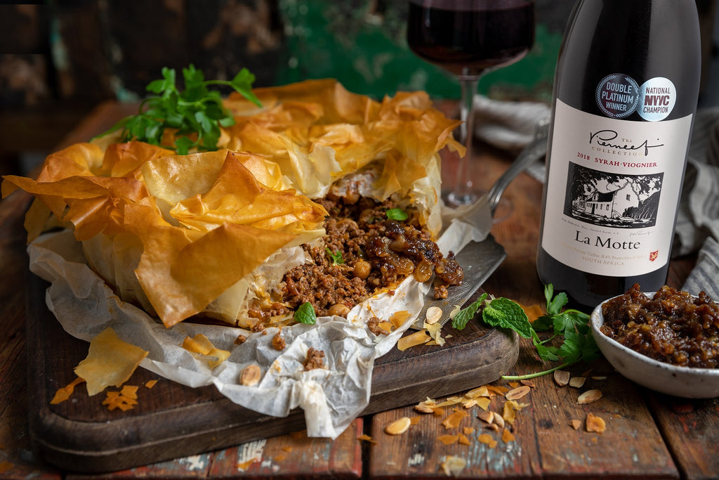 Moroccan-spiced lamb mince phyllo pie with dried fruit compote