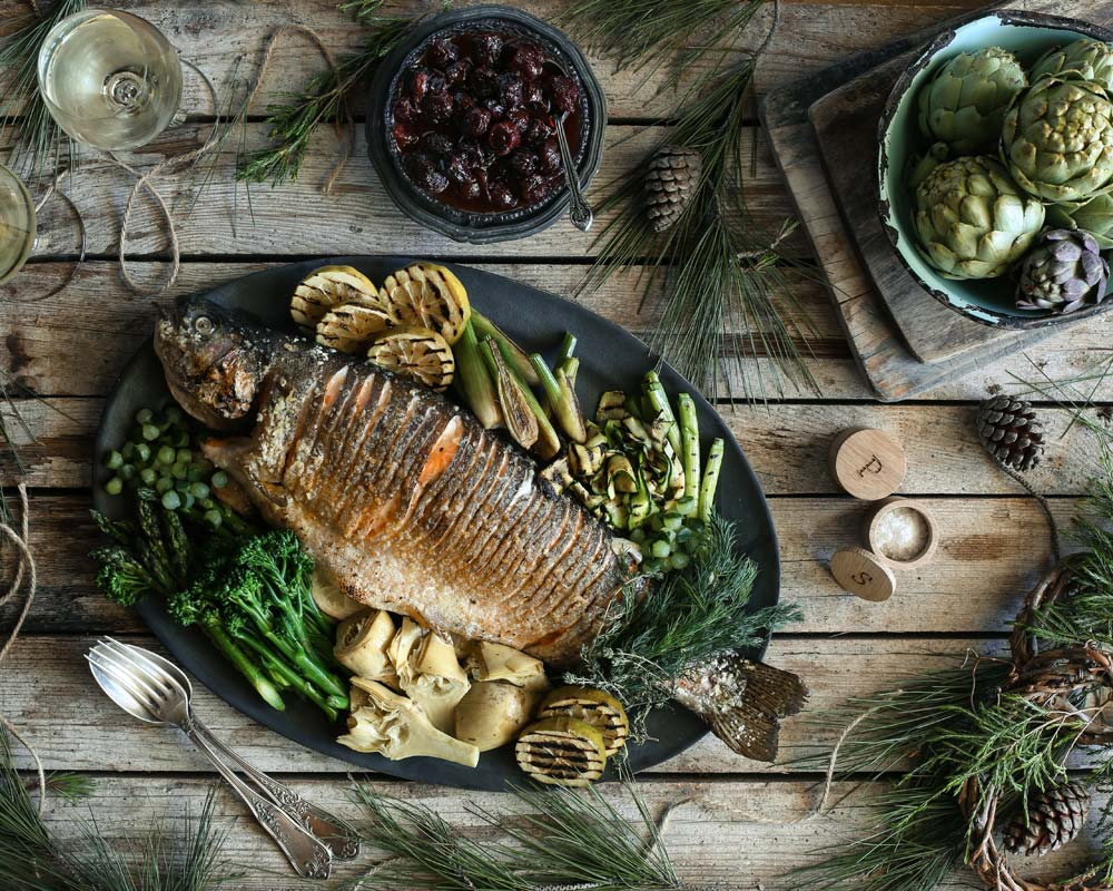 Whole roasted Franschhoek Salmon Trout with seasonal greens