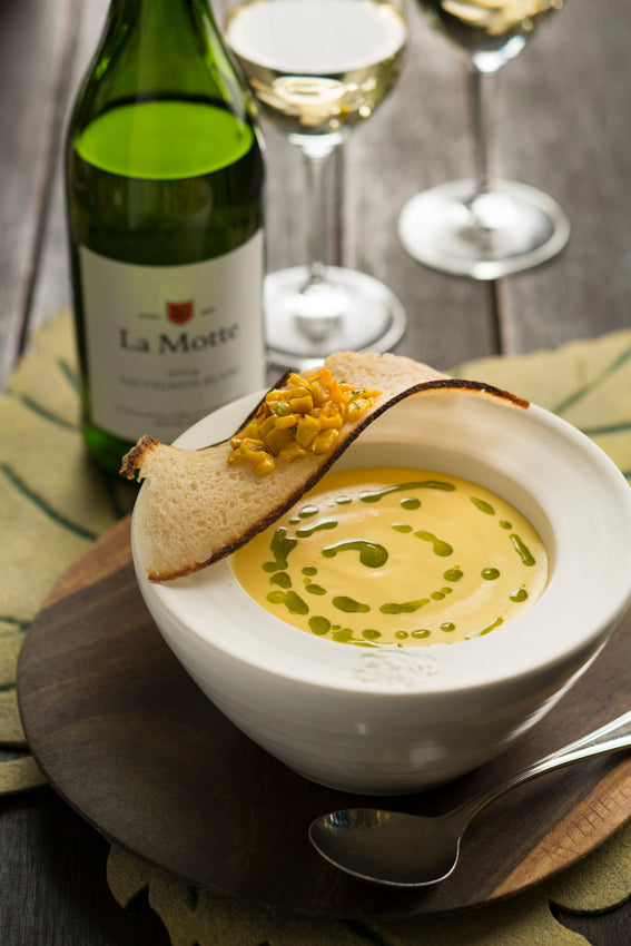 Corn and basil soup with La Motte Sauvignon Blanc