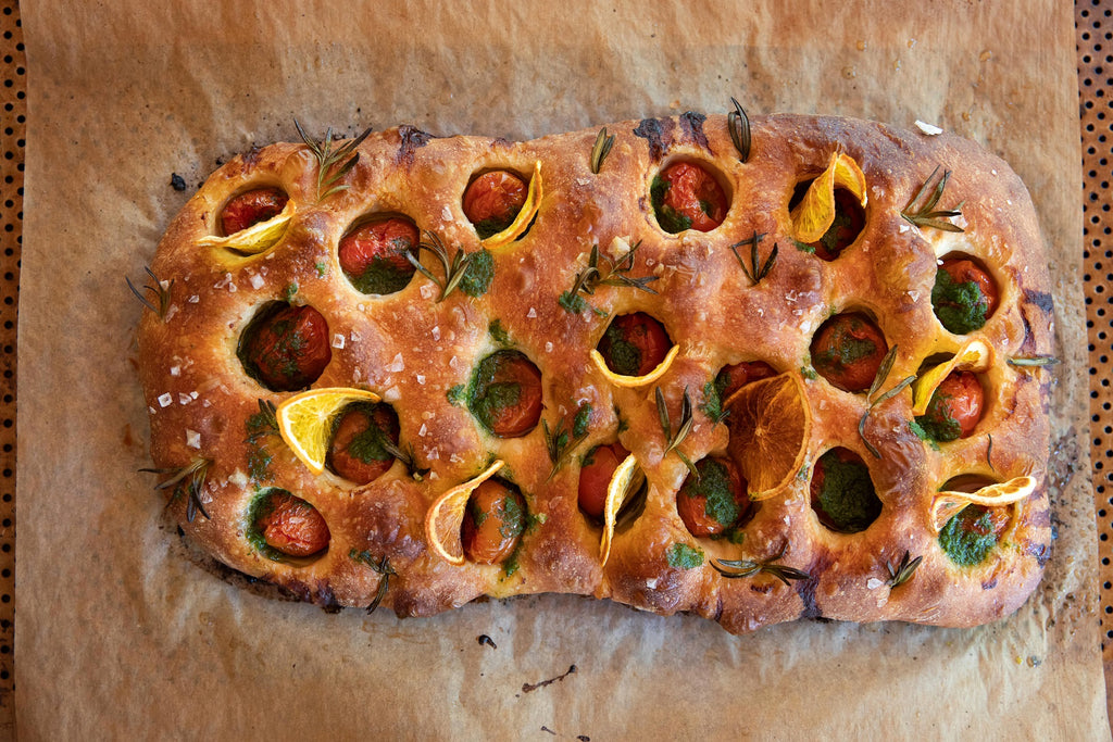 Cherry tomato, pesto and lemon focaccia